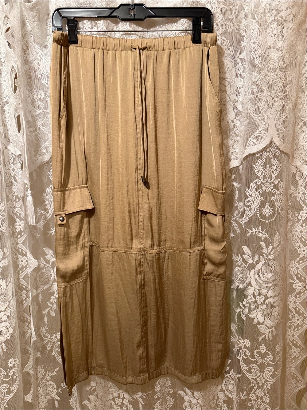 Casual Drawstring Cargo Pocket Maxi Skirt - Camel